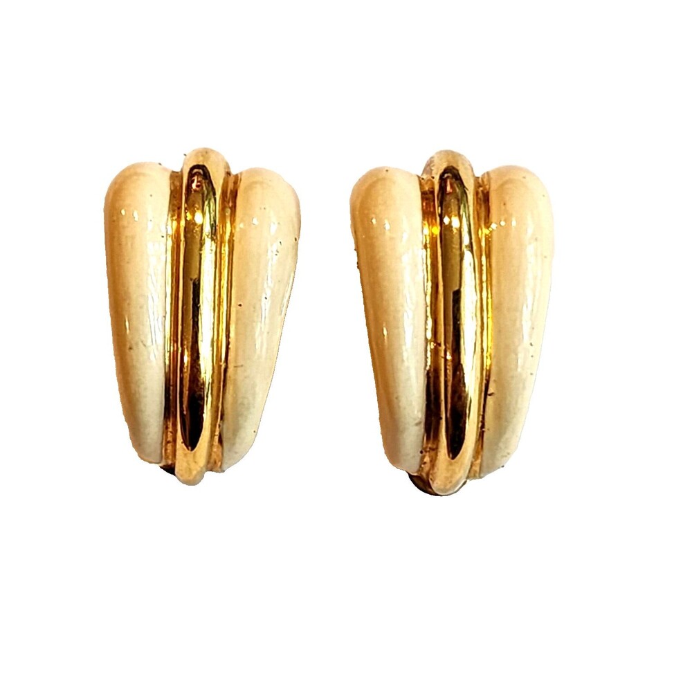 Vintage St. John Gold Tone Ivory Enamel Clip Earrings